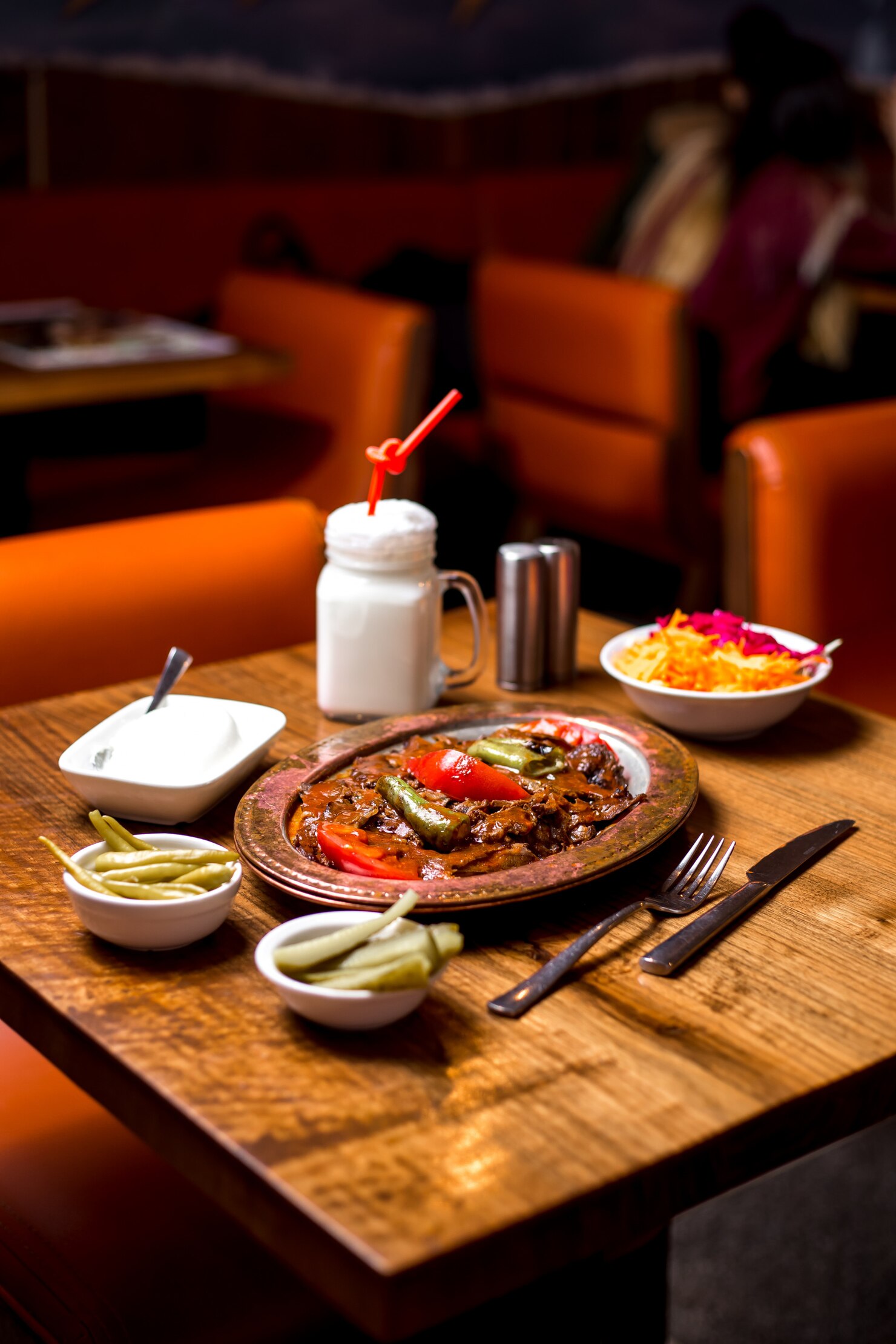 Iskender Kebab Copper Serving Served With Pickles Yogurt Ayran 141793 1905